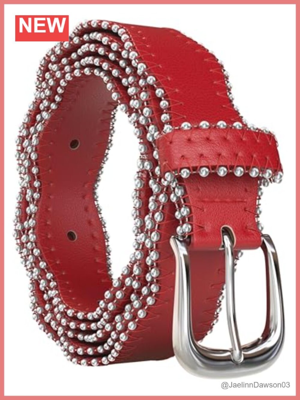 Women's Vegan Leather Wavy Edge Belt with Beaded Silver Buckle Adjustable